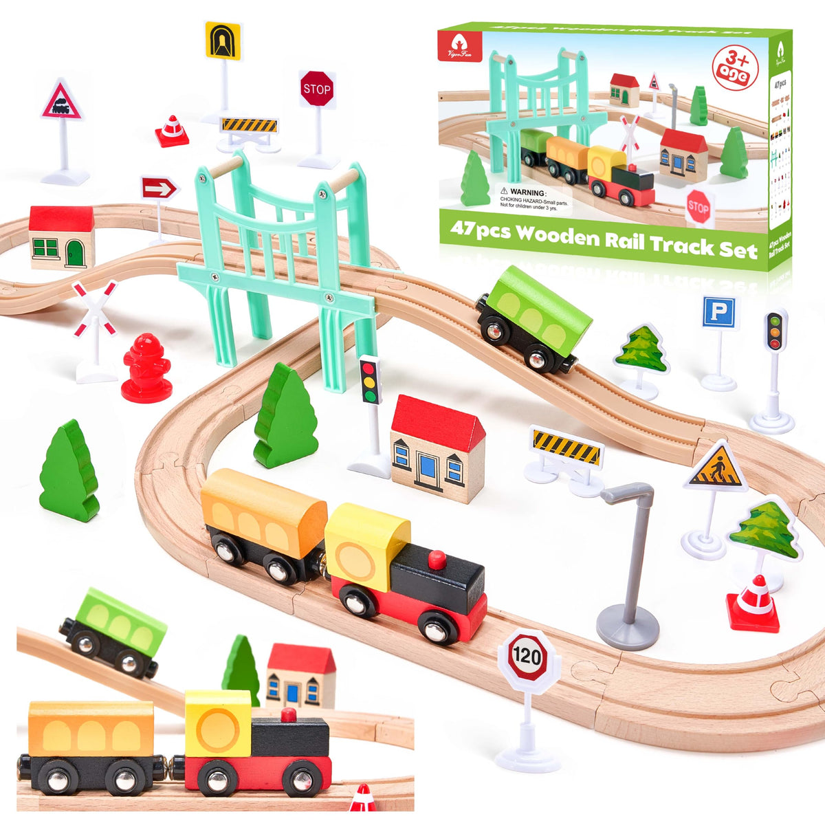 VigorFun 47pc train set pieces foster imaginative town building and hands-on play.