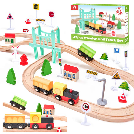 VigorFun 47pc train set pieces foster imaginative town building and hands-on play.