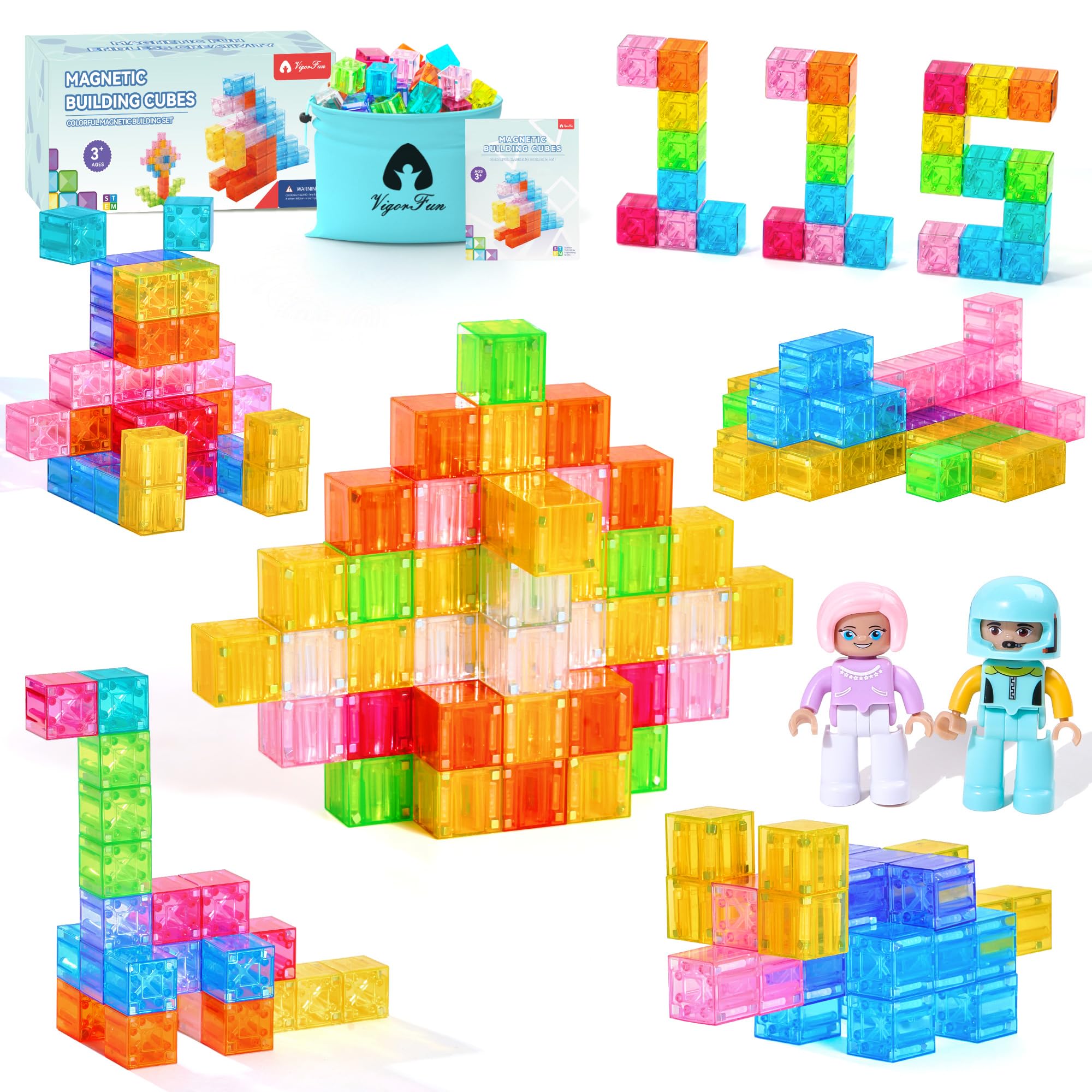 VigorFun magnetic blocks set with transparent blocks boosts hands-on STEM play and color recognition.