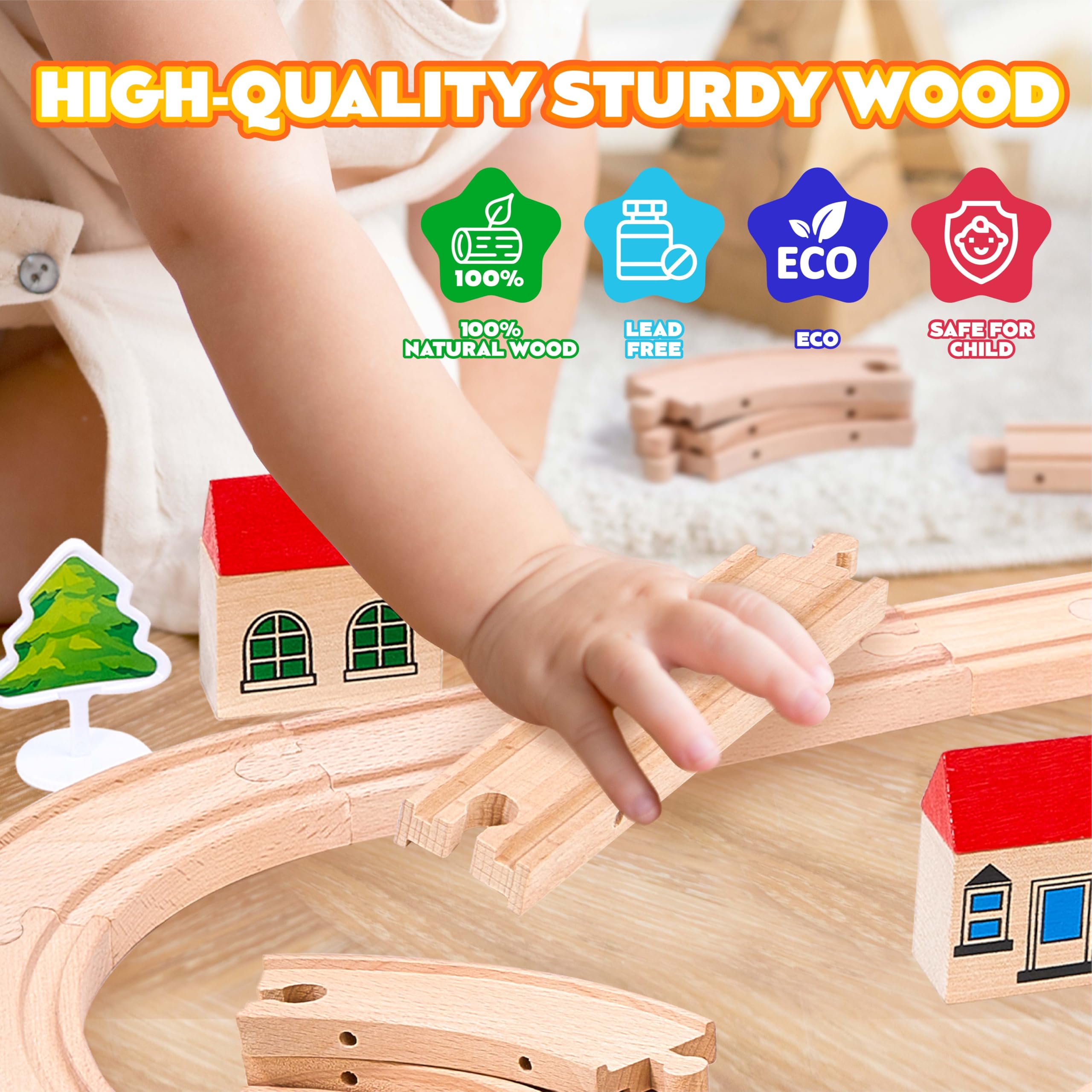 VigorFun safe wooden train pieces offer BPA-free, durable playtime.