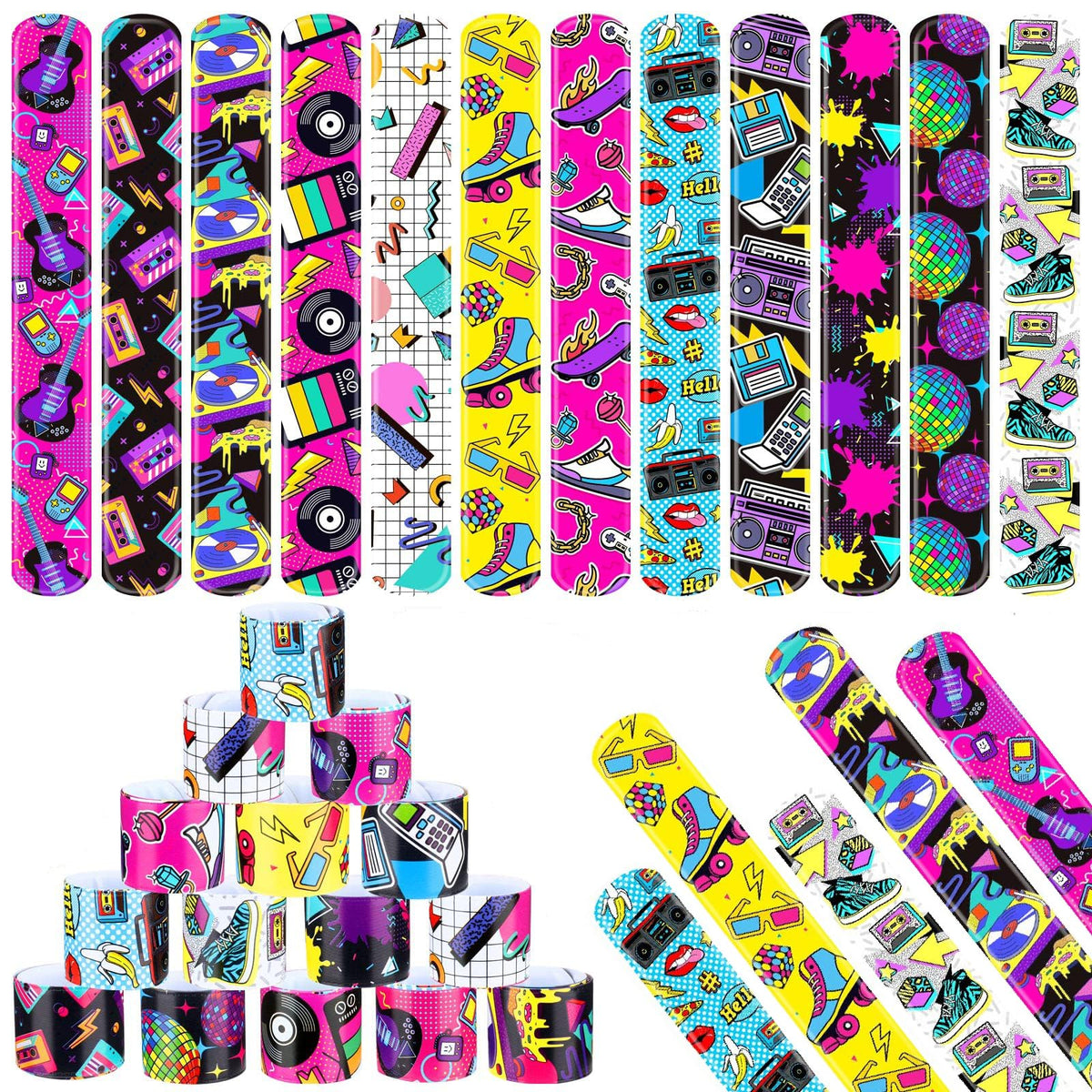 Viicoor Retro slap bracelets pack with twelve colors for joyful kids' party favors.