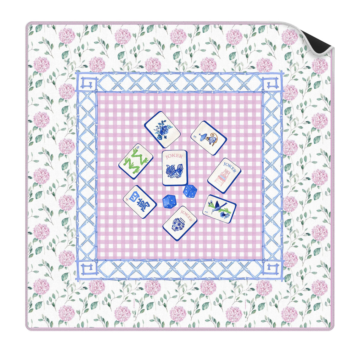 VIIJJUE pink hydrangea chinoiserie mahjong mat folded for easy storage.
