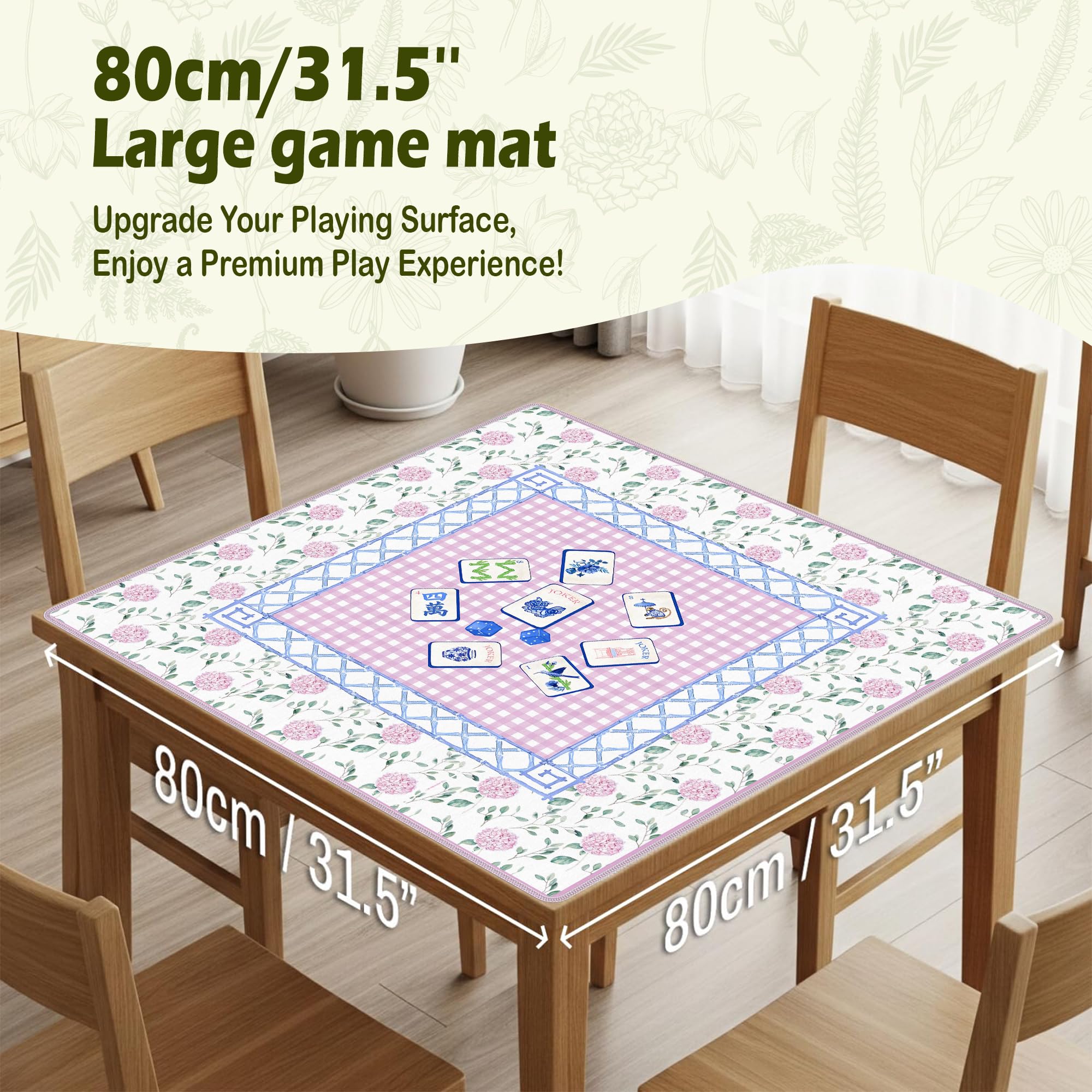 VIIJJUE pink hydrangea chinoiserie mahjong mat top view showing non-slip base.