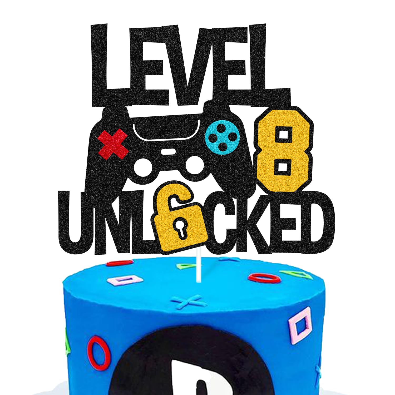 Vikiwiin Level 8th unlocked cake topper adds a game vibe to celebrations.