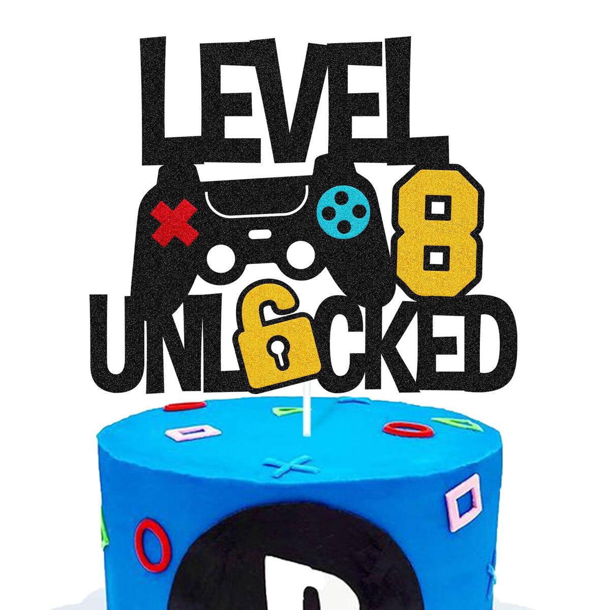 Vikiwiin Level 8th unlocked cake topper adds a game vibe to celebrations.