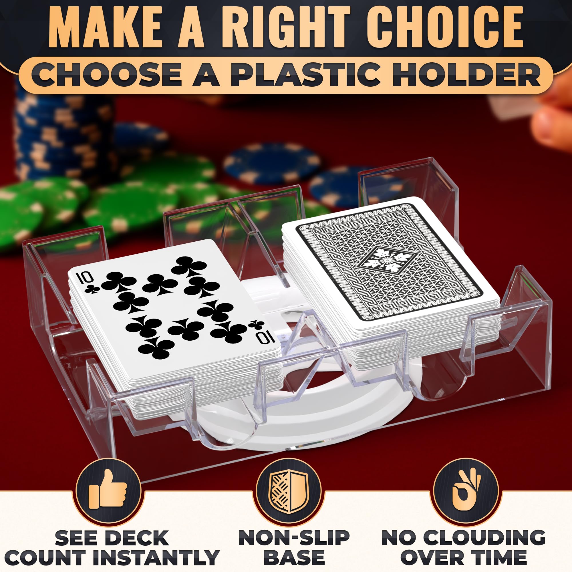 Durable clear plastic construction resists wear during long game nights