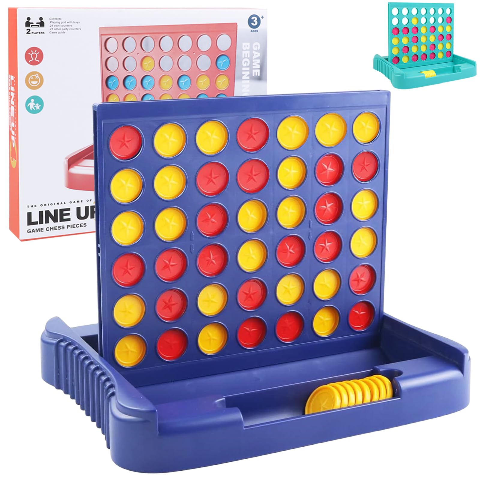 Vikutu 4-in-a-row blue board and pieces ready for family play.