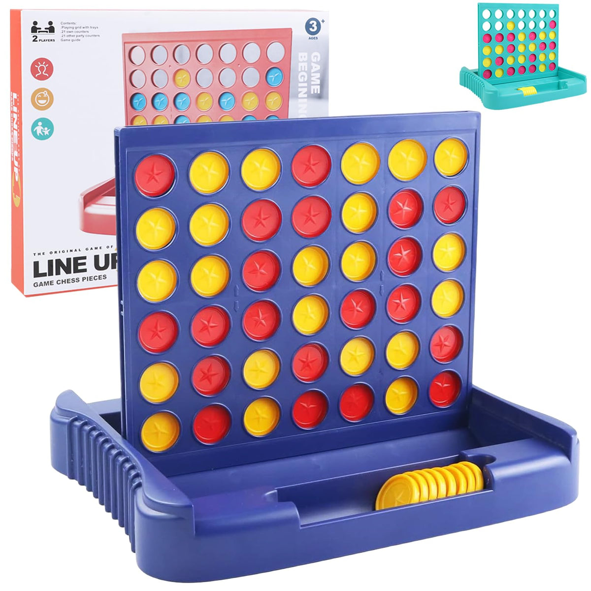 Vikutu 4-in-a-row blue board and pieces ready for family play.