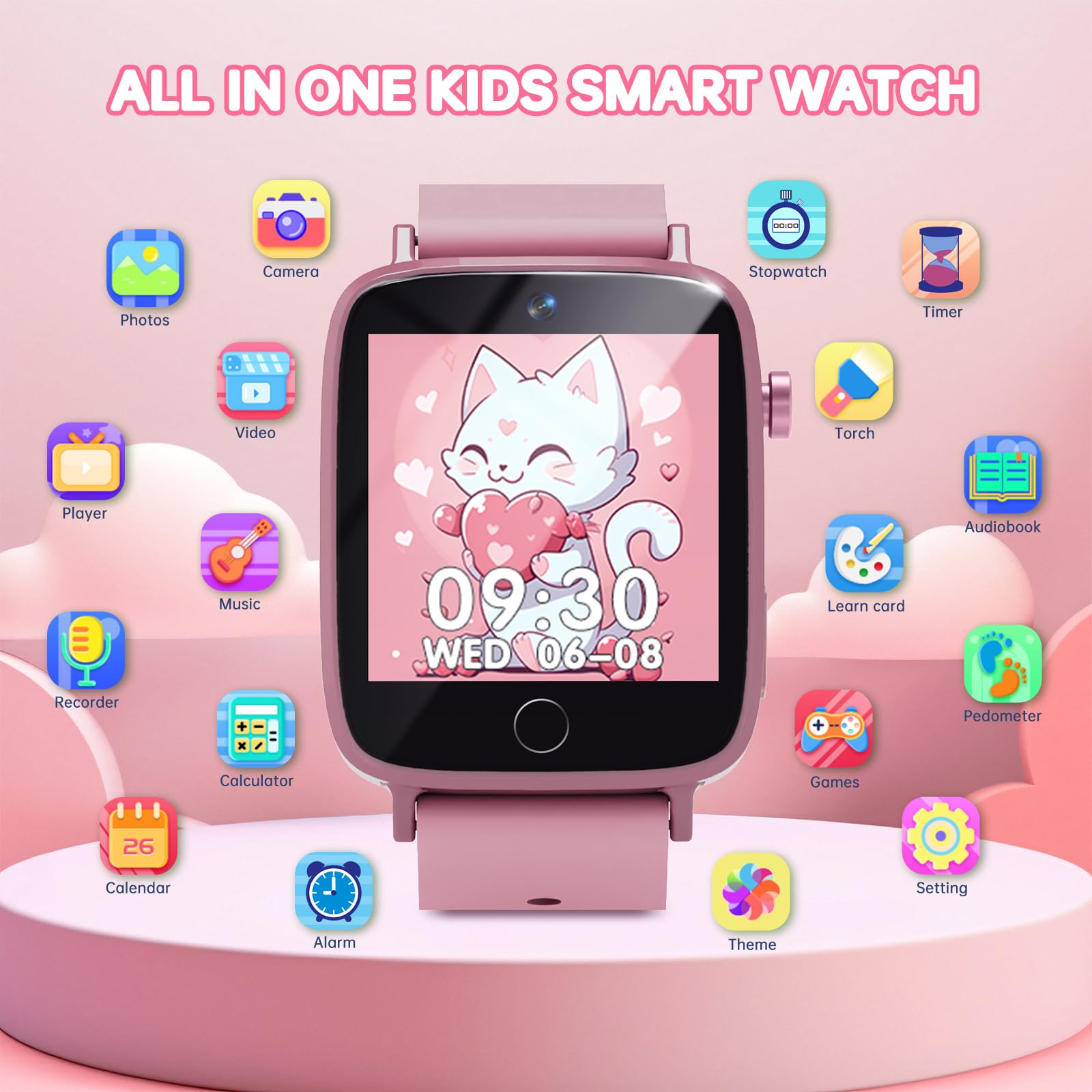 Vilicert Kids Games Watch pink side view, slim wearable for daily fun and time awareness.