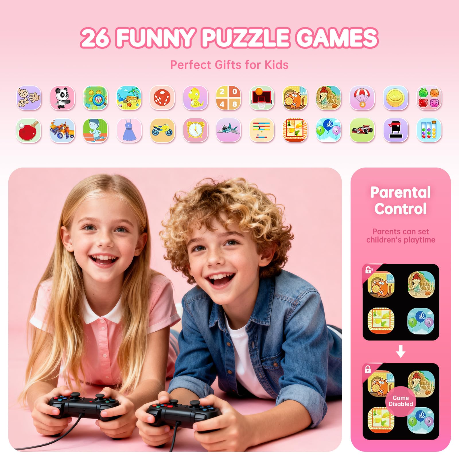 Vilicert Kids Games Watch pink wrist shot, showcasing camera and touch controls.
