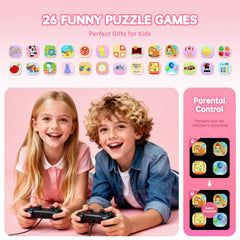 Vilicert Kids Games Watch pink wrist shot, showcasing camera and touch controls.