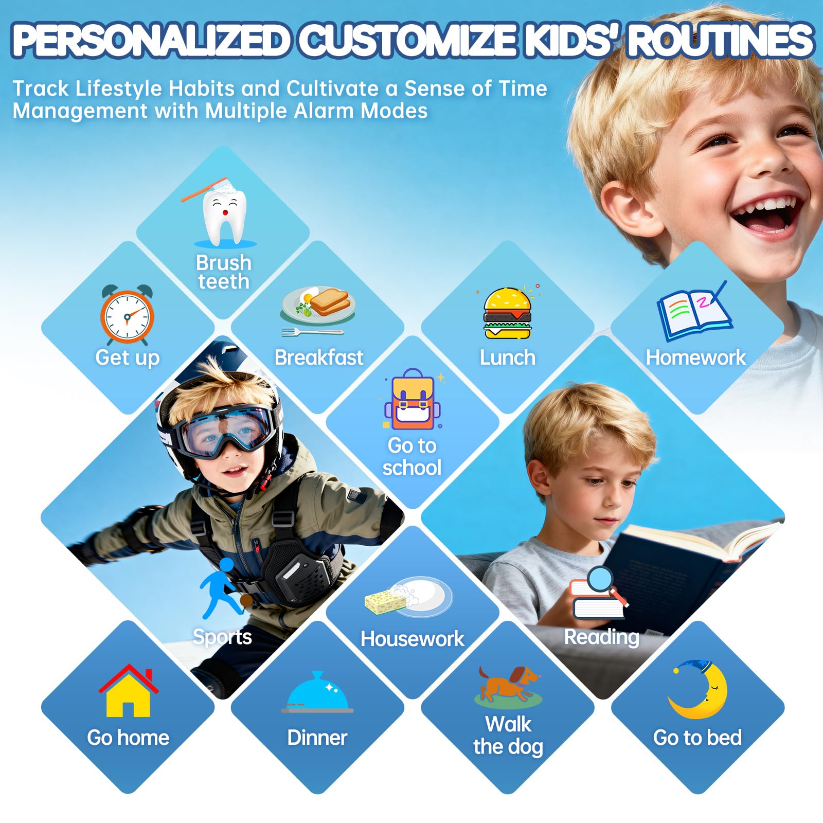Vilicert Kids Smart Watch educational cards showcasing 104 learning prompts.