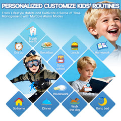 Vilicert Kids Smart Watch educational cards showcasing 104 learning prompts.