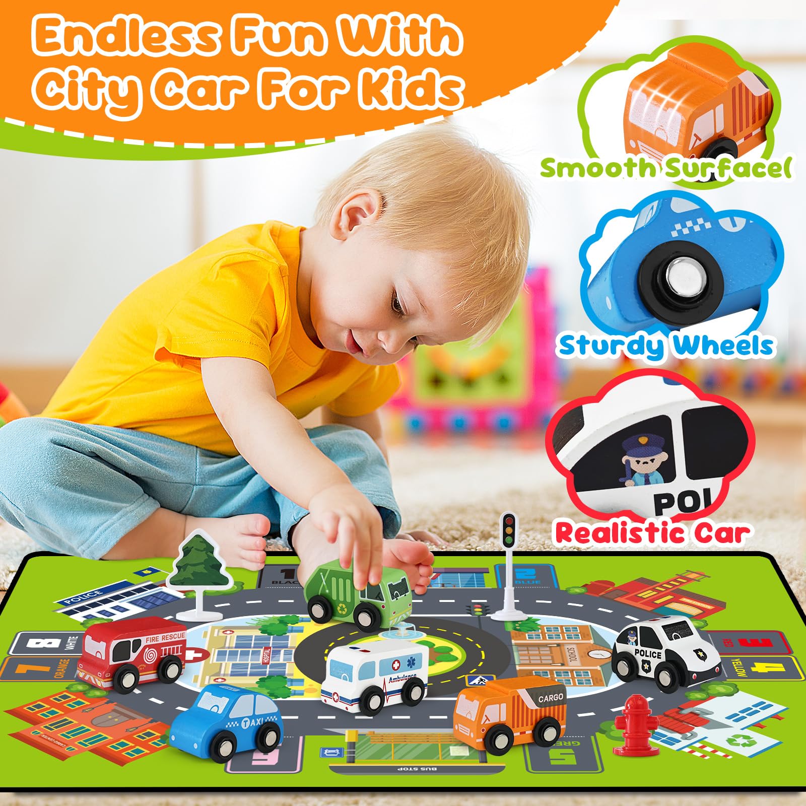 Vinkp double-sided playmat offers urban and countryside scenes for varied storytelling.