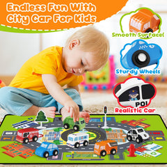 Vinkp double-sided playmat offers urban and countryside scenes for varied storytelling.
