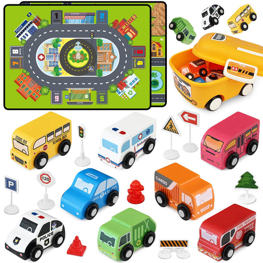 Vinkp wooden car toys—22-piece set with playmat boosts imaginative play and language skills.
