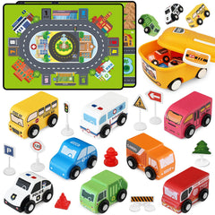 Vinkp wooden car toys—22-piece set with playmat boosts imaginative play and language skills.