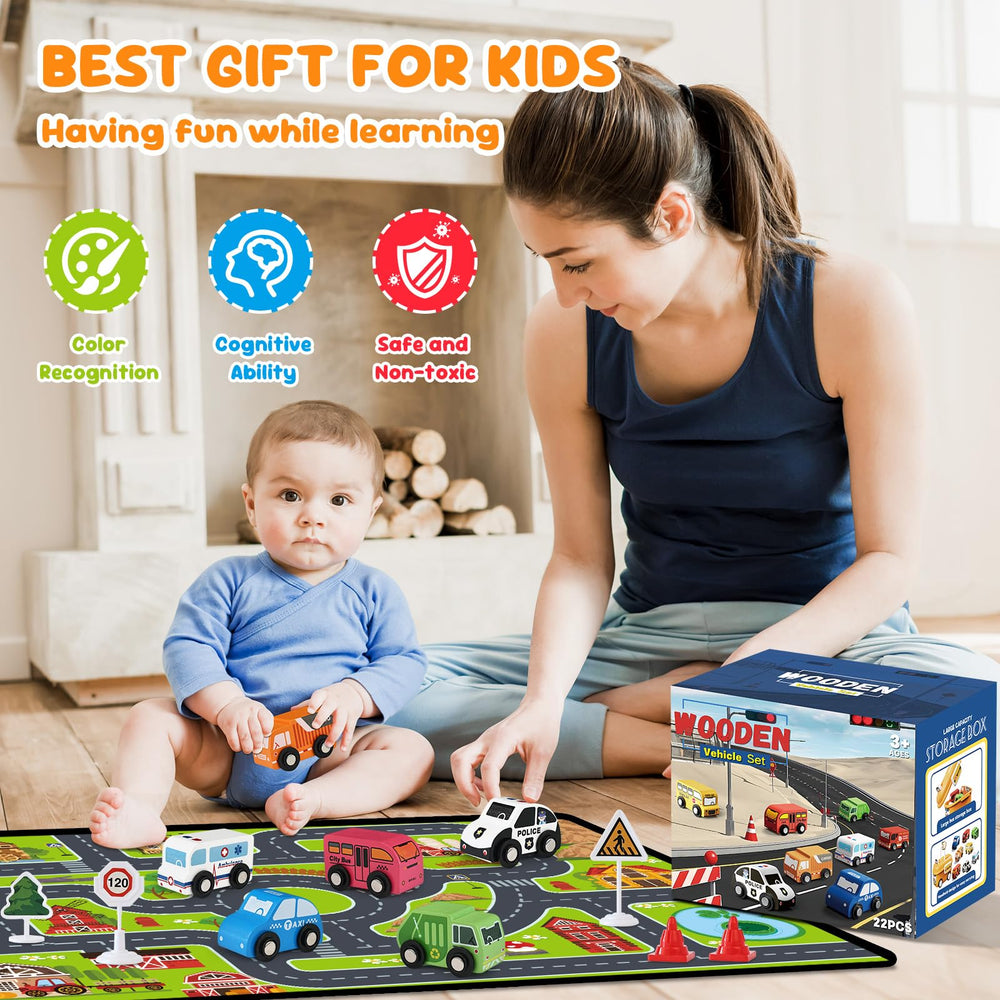 Vinkp wooden toy cars feature smooth, splinter-free surfaces for little hands.