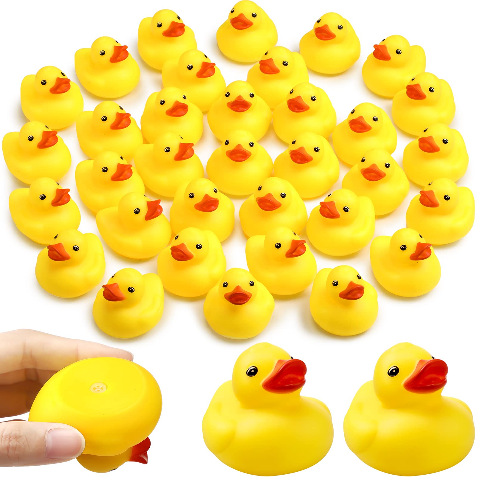 Vinsot yellow 2-inch bath duck floats and squeaks for kids during bath time.