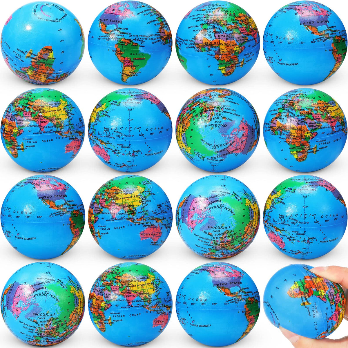 Vinsot globe squeeze ball blue 60-pack for stress relief and hand exercise.