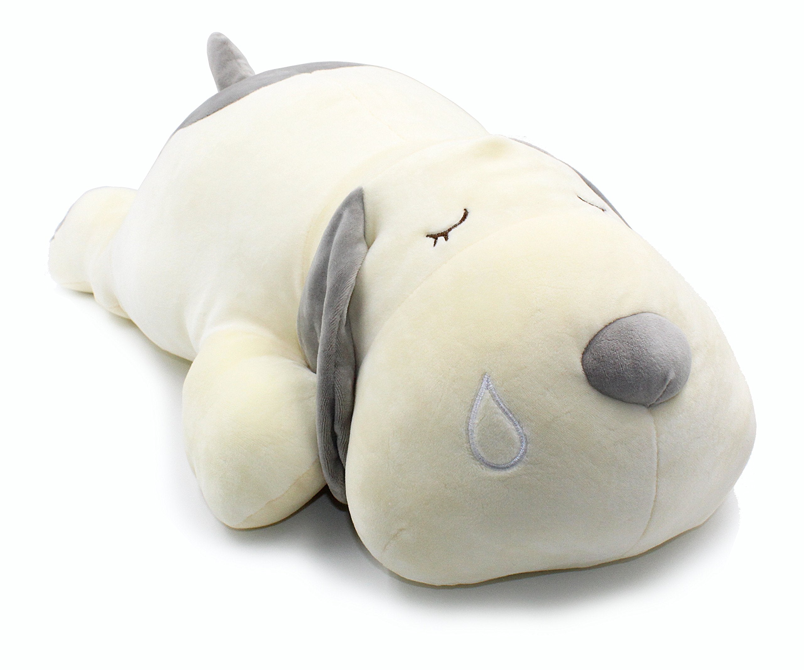 Vintoys gray plush dog side view shows soft texture for naps.