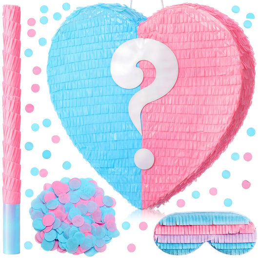 VioraWhite gender reveal heart pinata in blue and pink, a charming party focal point.