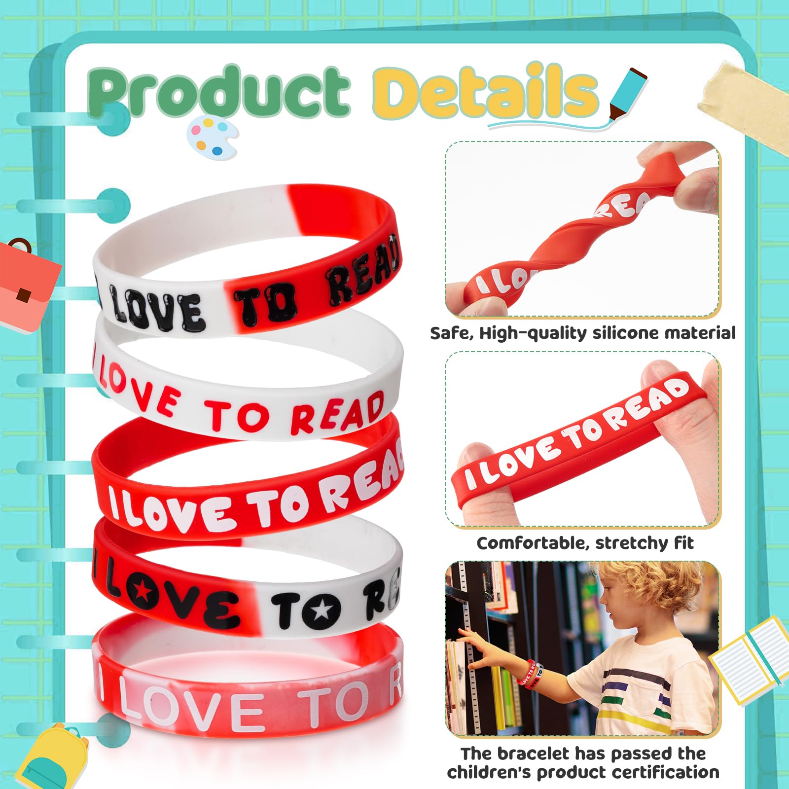 VioraWhite I Love to Read wristbands durable silicone for daily wear.