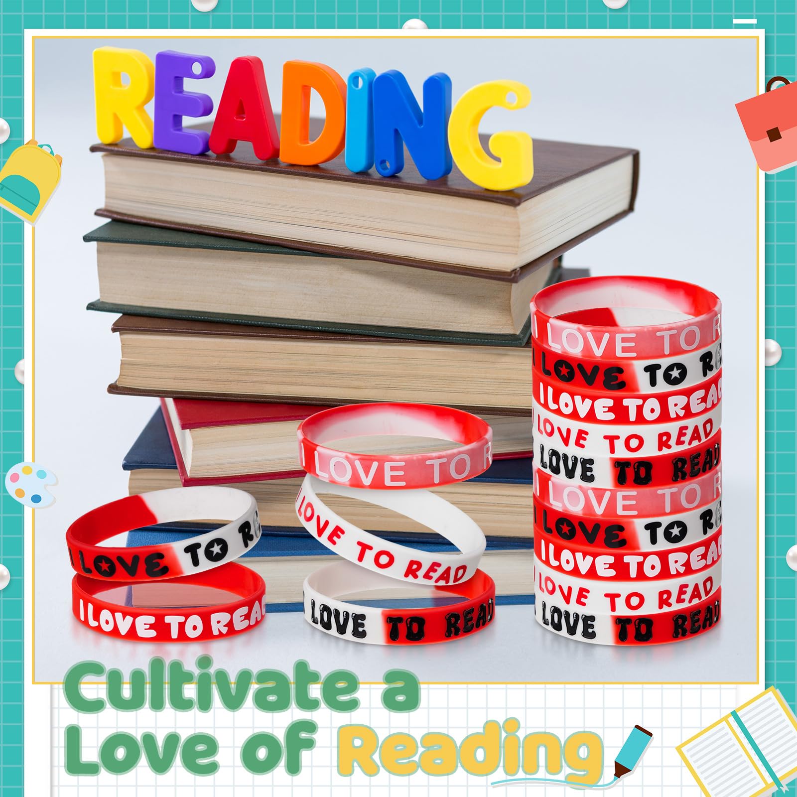 VioraWhite I Love to Read wristbands suit reading-themed party decorations.