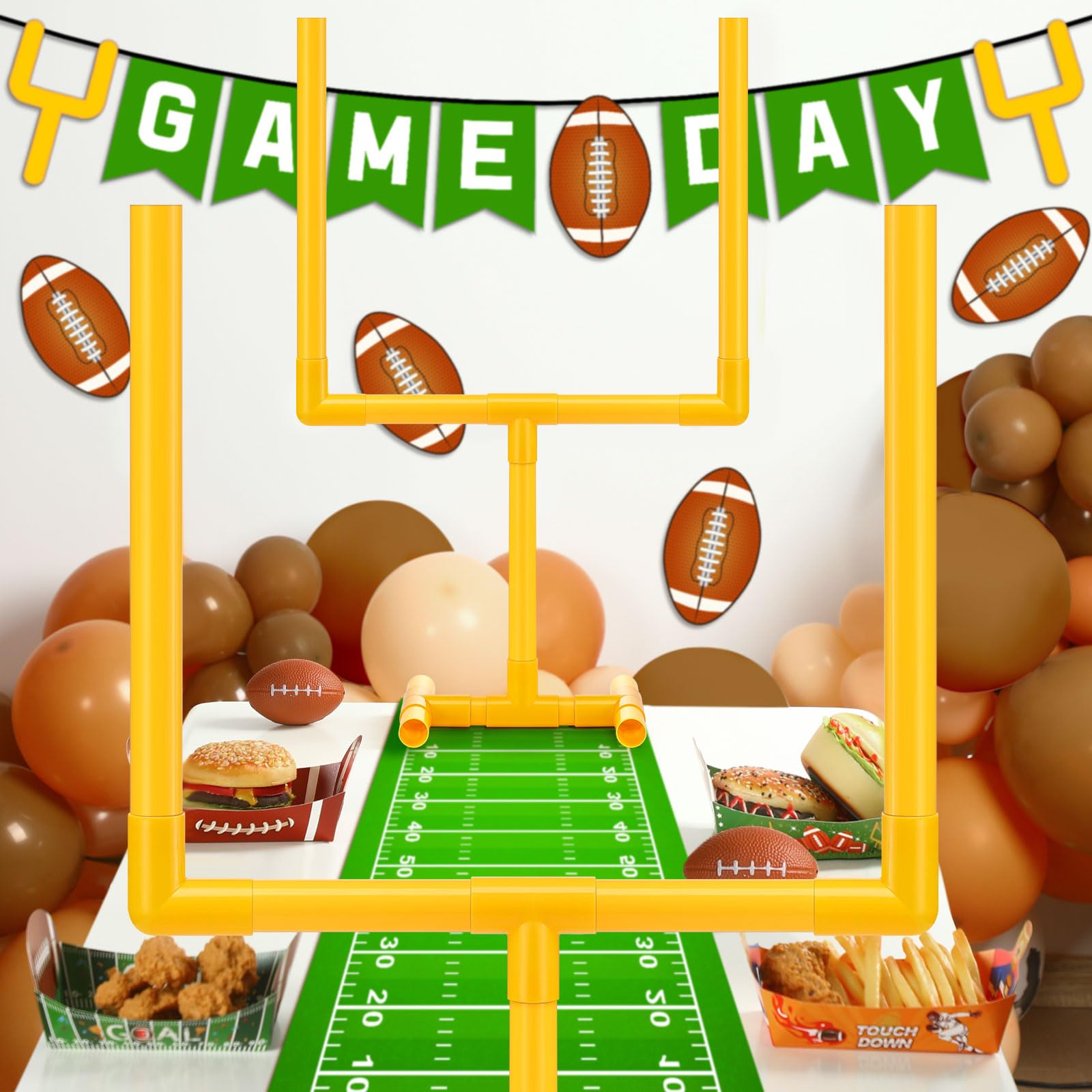 VioraWhite two-football-goal centerpiece in yellow brightens game-day decor