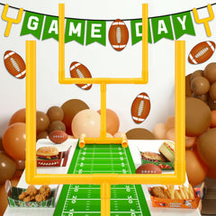 VioraWhite two-football-goal centerpiece in yellow brightens game-day decor