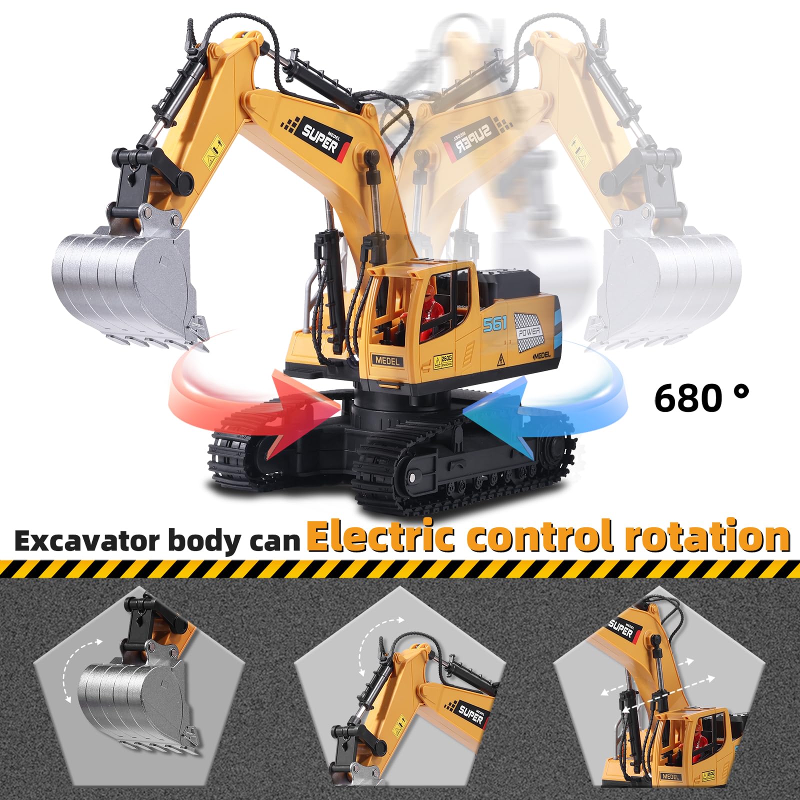 ViRockSign excavator lights and smoke effects enhance night-time play experiences.