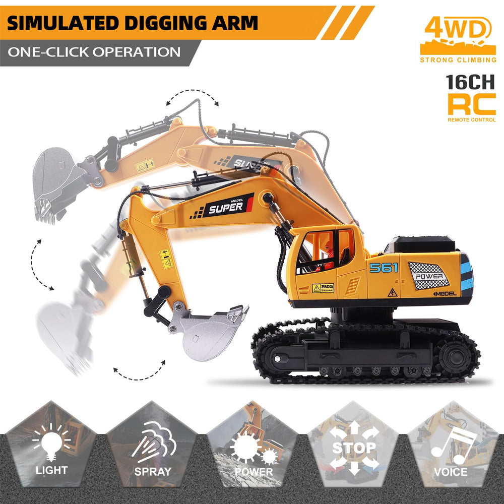 ViRockSign RC excavator close-up shows metal shovel for realistic digging action.