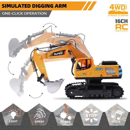 ViRockSign RC excavator close-up shows metal shovel for realistic digging action.