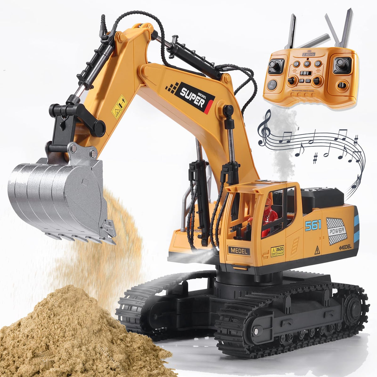 ViRockSign remote-control excavator front view highlights durable construction for long-lasting play.