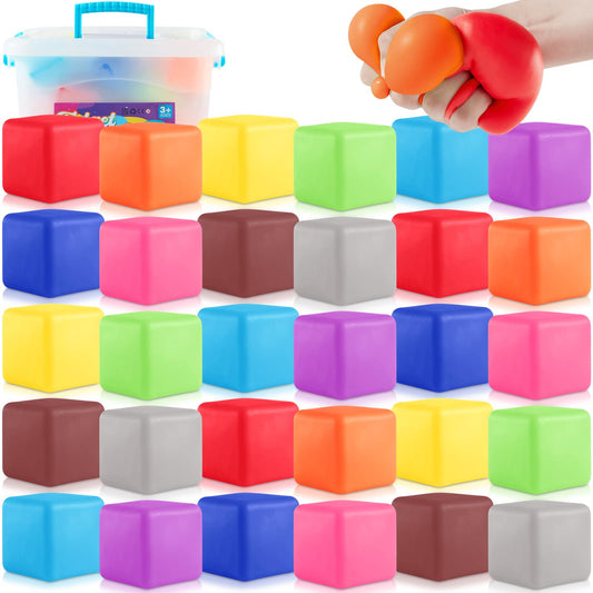 Viroucal slow-rise stress cube 30-pack packshot shows colorful, portable tactile cubes for calm moments