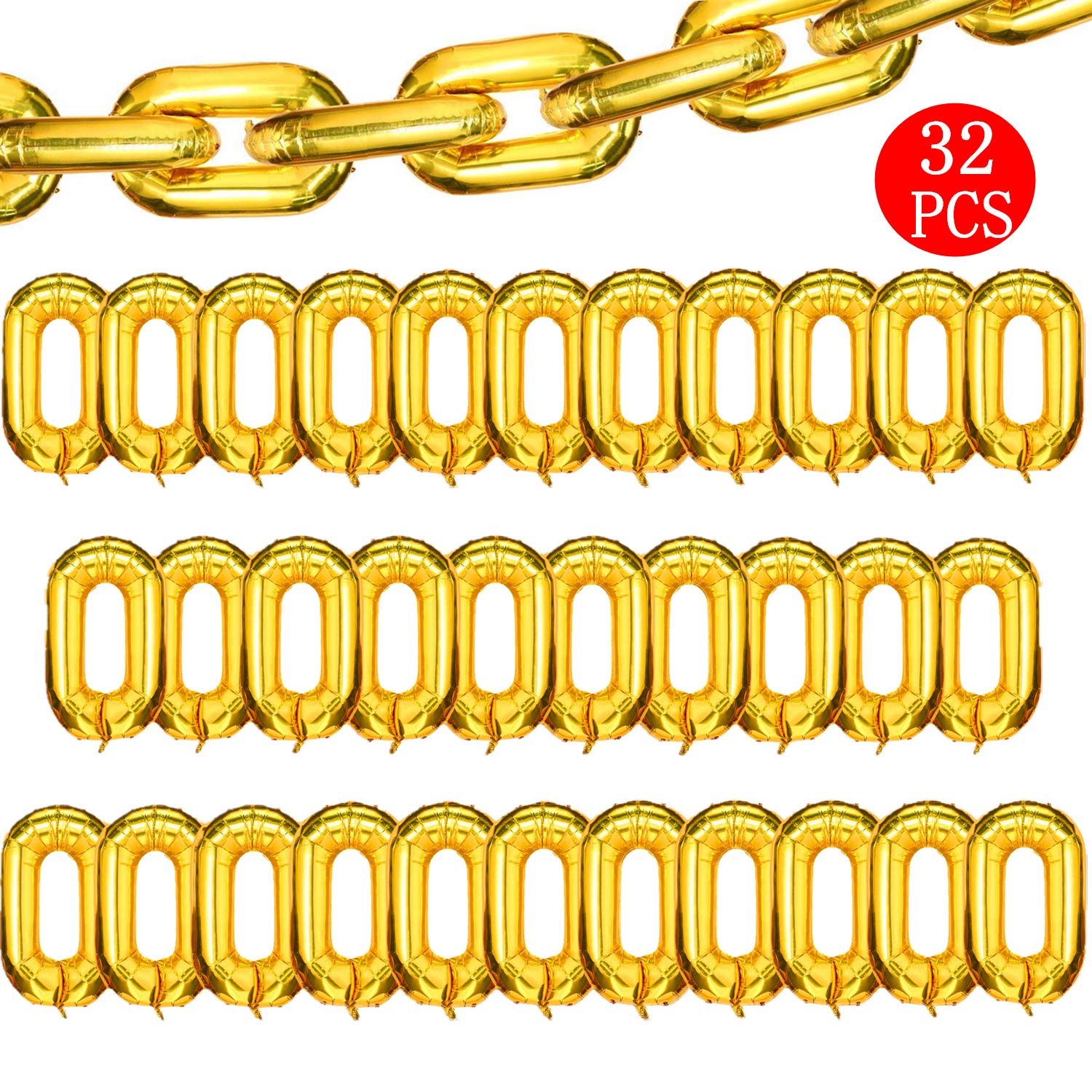 Virtue Morals foil chain balloons in gold create a striking 32-inch centerpiece for dramatic party backdrops.