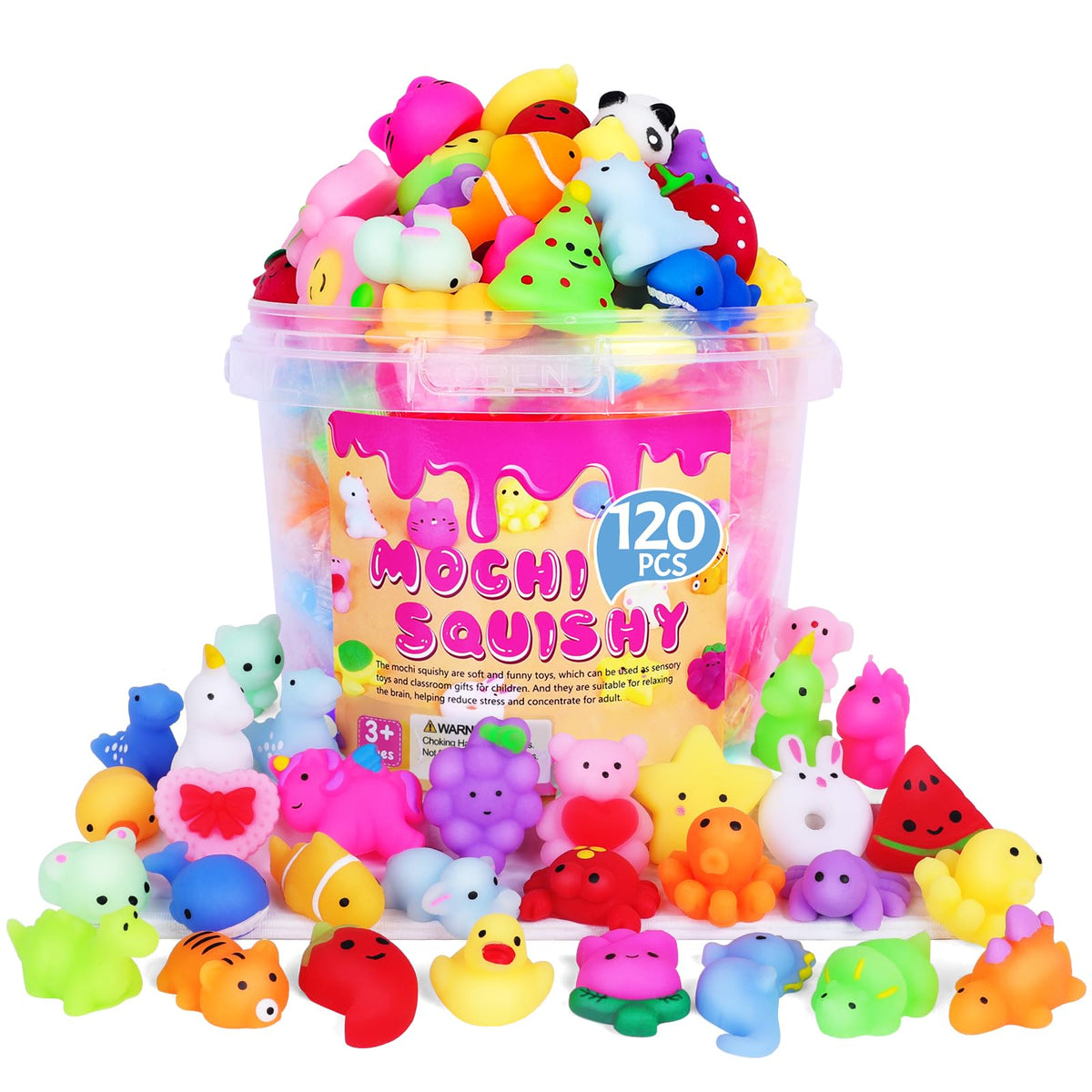VISCOO 120-pack squishy toys in a gift box for kids’ party fun.