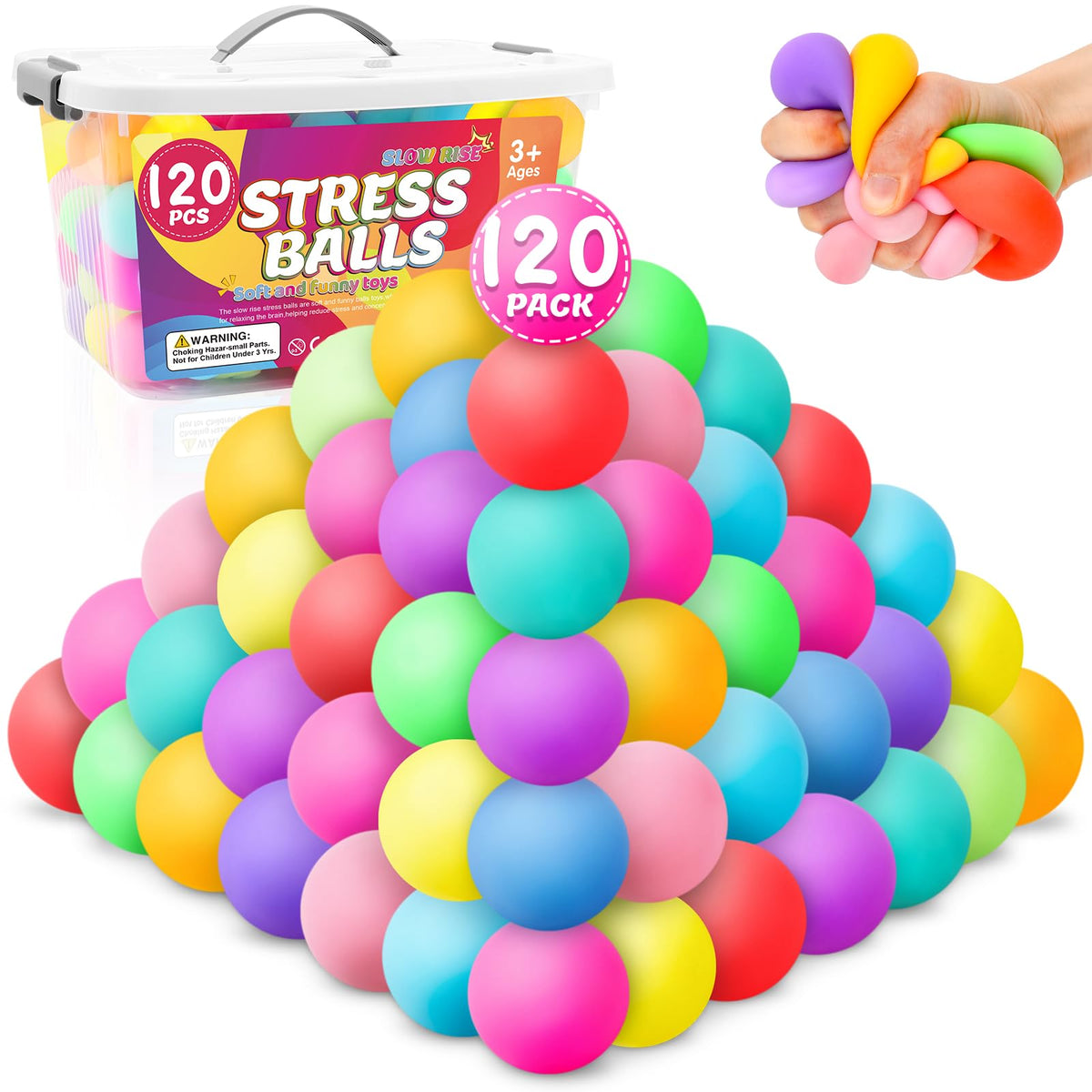 VISCOO 120-pack stress balls in a gift box, ideal for classroom prizes and stress relief.