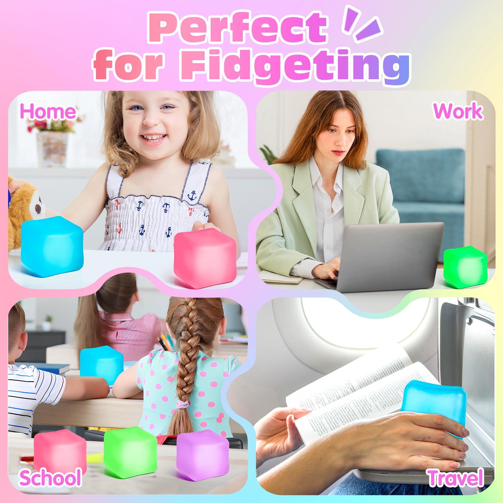 Viscoo stress cube being squeezed highlights durable material for repeated use