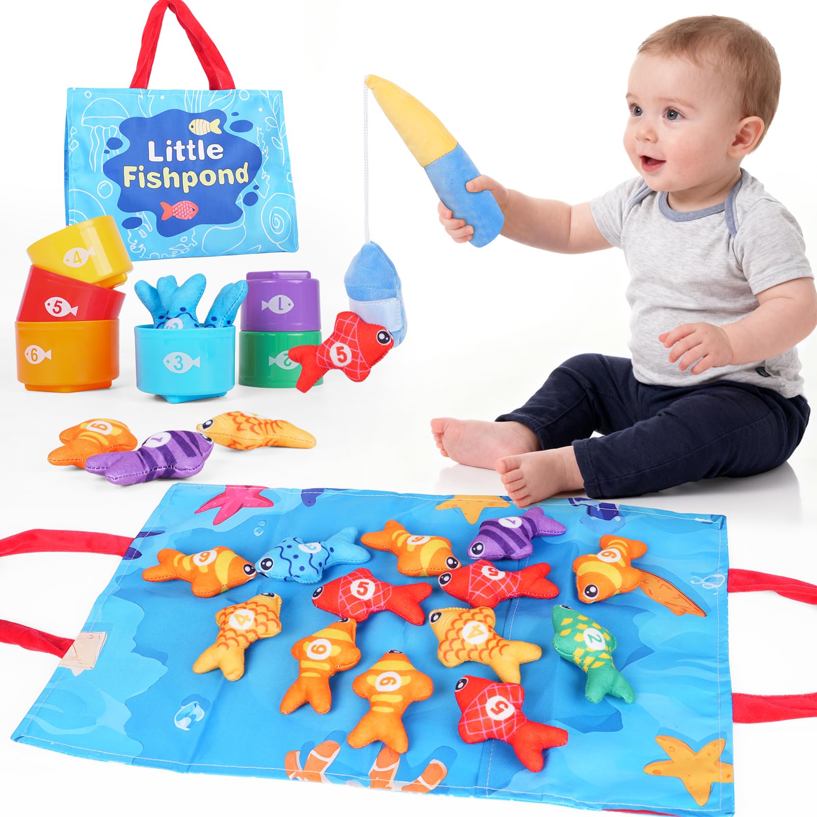 Visivessel fishing game pole with soft cloth fish for toddler play and coordination.