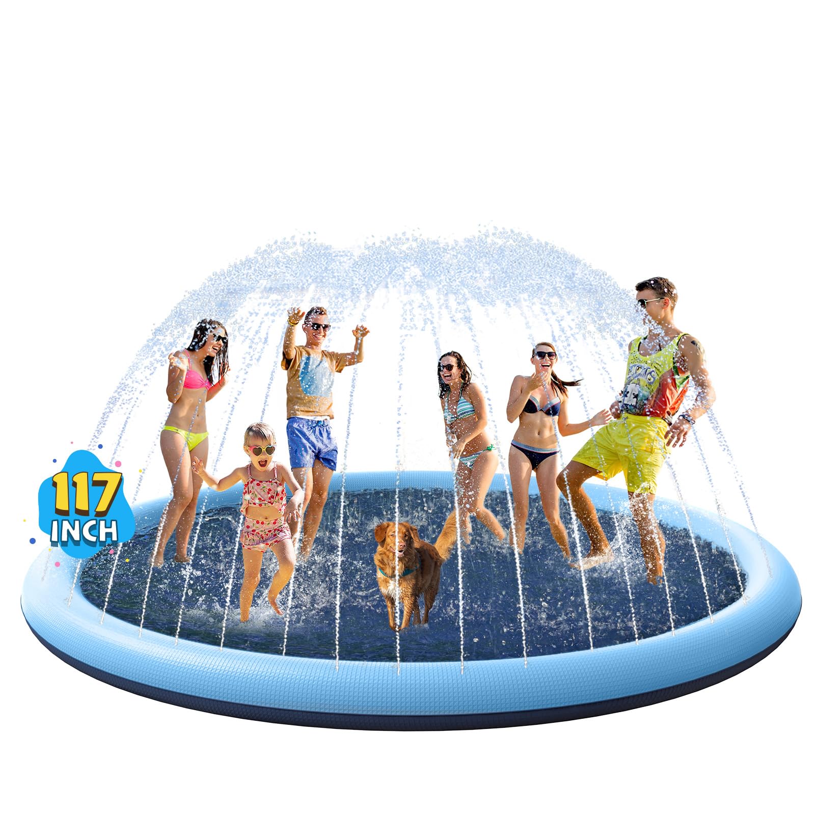 VISTOP non-slip splash pad blue for kids and dogs in a wide backyard view