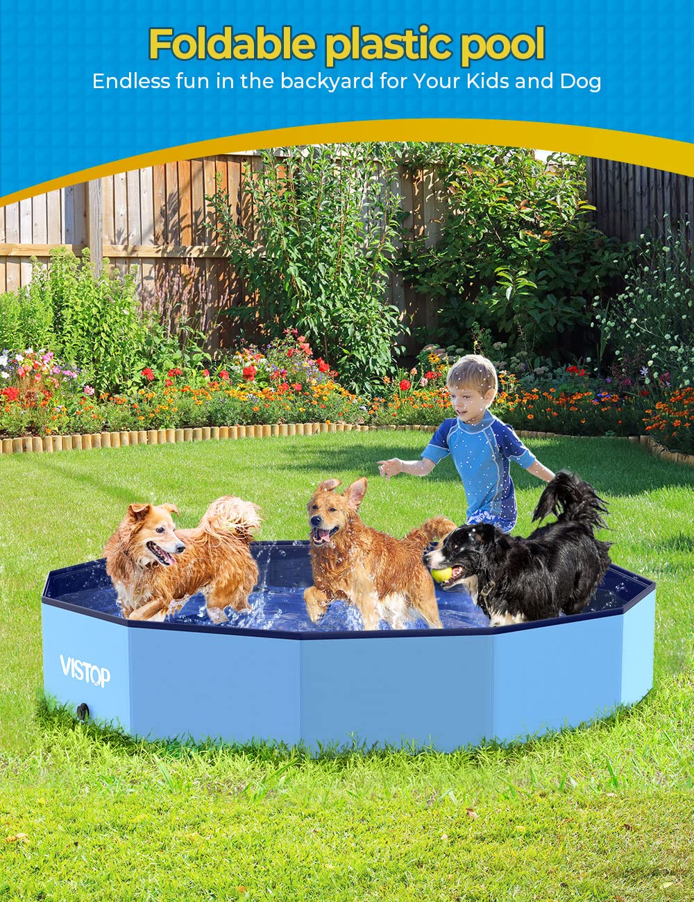 Kids and pets enjoy water play near the VISTOP pool