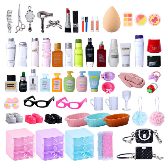 VITASY 76pcs dollhouse bathroom set with mini toiletries for lifelike scenes.