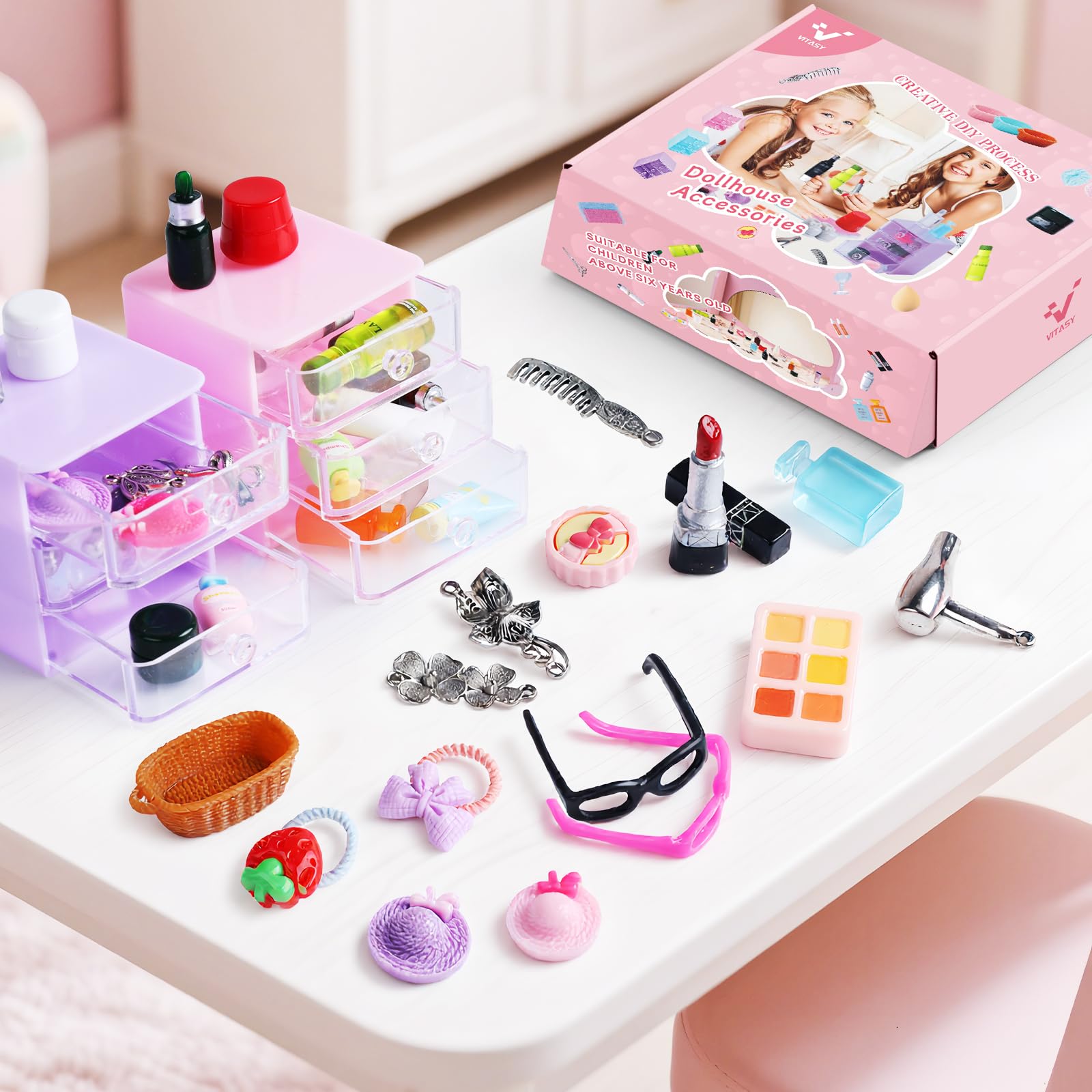 VITASY dollhouse makeup set with tiny cosmetics for detailed play.