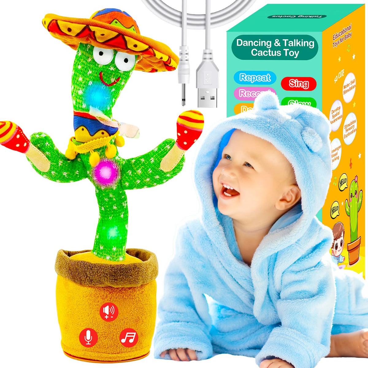 Vitosup rechargeable dancing cactus toy with LED lights for sensory play.