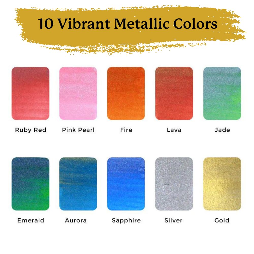 Viviva metallic watercolors glow on paper, enhancing travel art sessions.