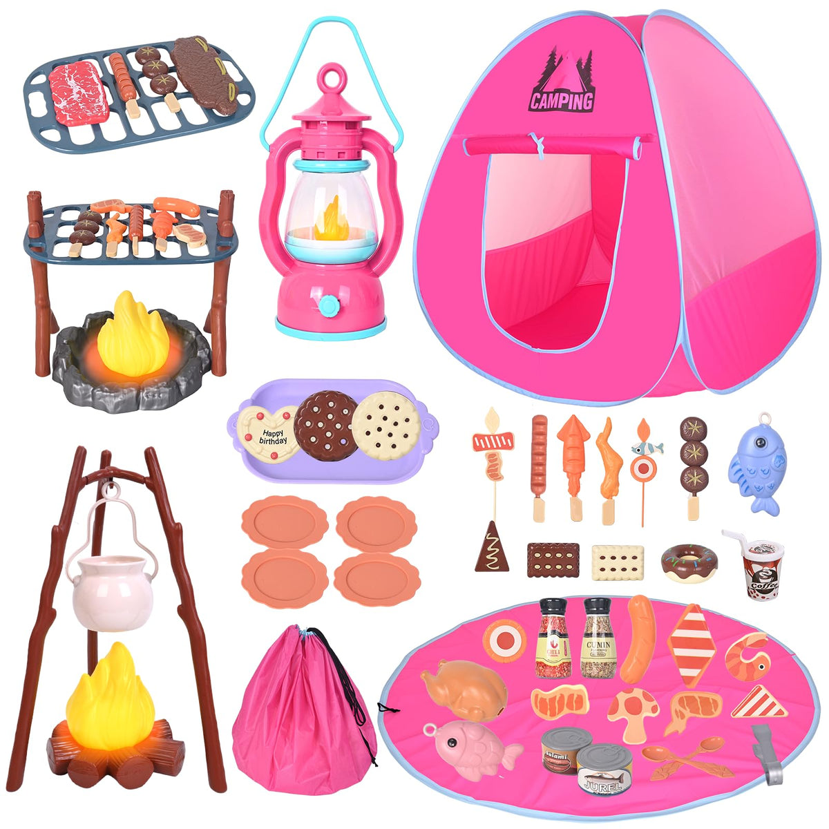 Viwulute camping set with pop-up tent, closed, enabling compact storage after play.