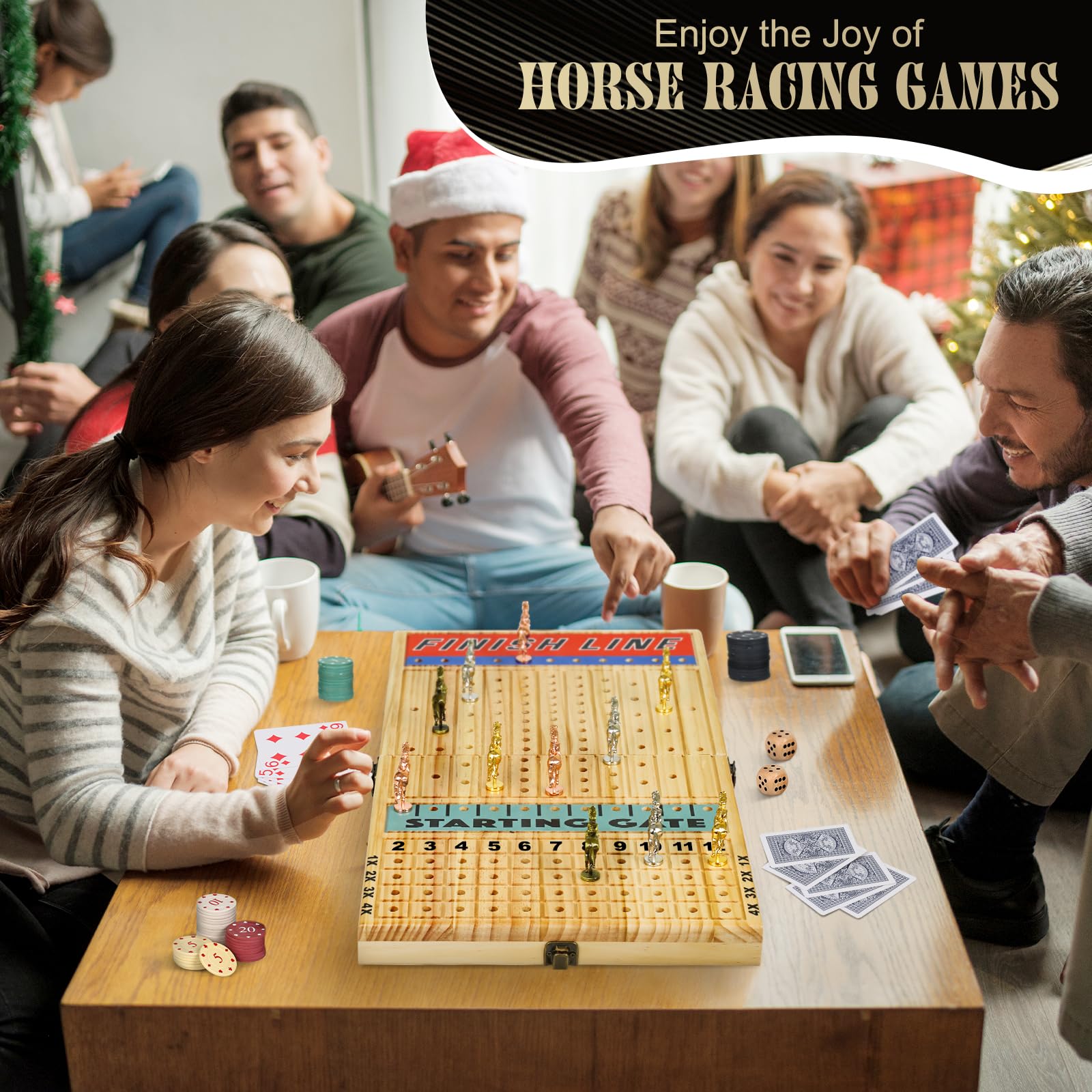 Family game night scene with Vixflux horse racing board game