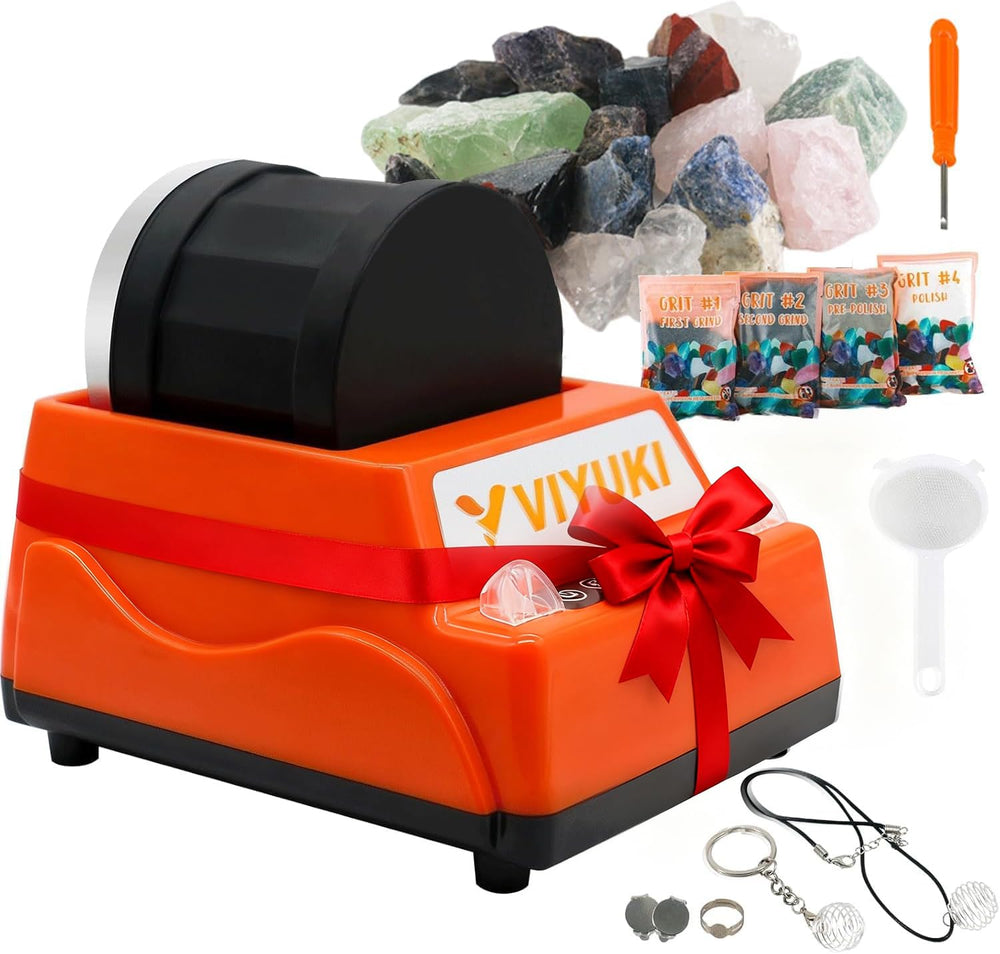 VIYUKI Rock Tumblers Kit shows sturdy barrel and motor for long‑lasting, quiet operation.