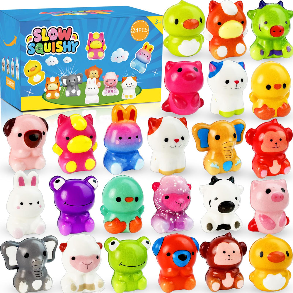 Vkovnis animal squishies set, 24 colorful figures, ideal for party favors and classroom rewards.